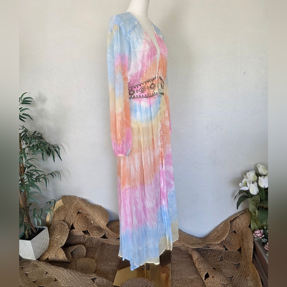 Free People Summer of Love Kimono Maxi Dress Tie Dye Boho Beaded Waist S - Picture 10 of 14